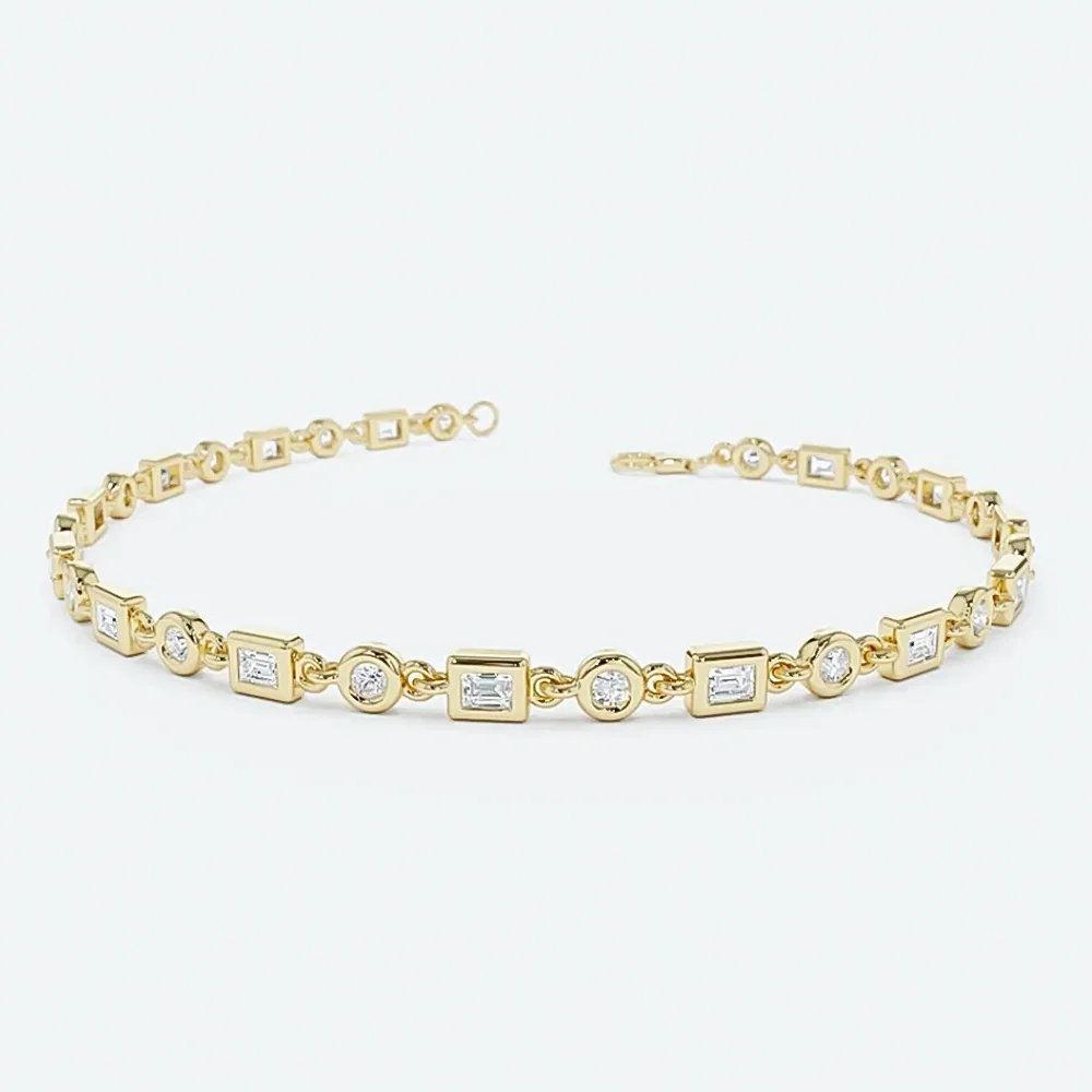 Lab-Grown Diamond Unique Design Bezel Set Women Tennis Bracelet 14K Yellow Gold