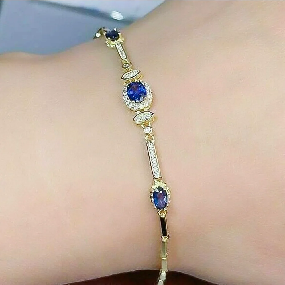 Certified Oval Cut Natural Sapphire & Diamond Chain Tennis Bracelet 14k Gold - view 5