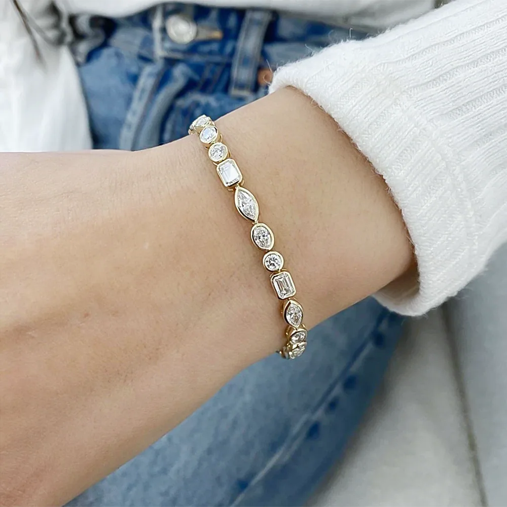 10Ct Multi Shape Lab-Grown Diamond Bezel Wedding Tennis Bracelet 14k Solid Gold - view 5