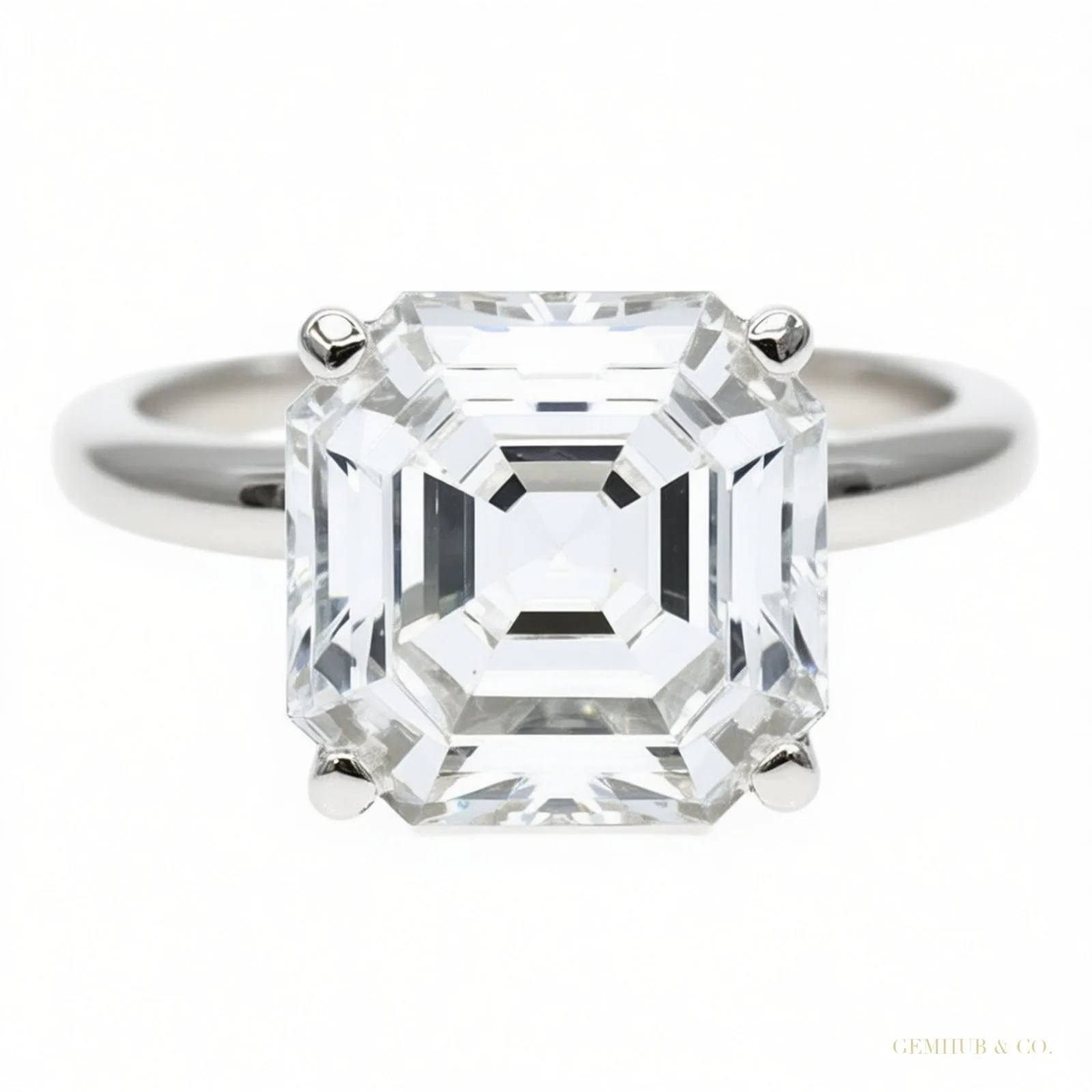 Certified 3.60 ct DEW Assher Cut White Moissanite Solitaire Statement Ring – 18K Gold Vermeil