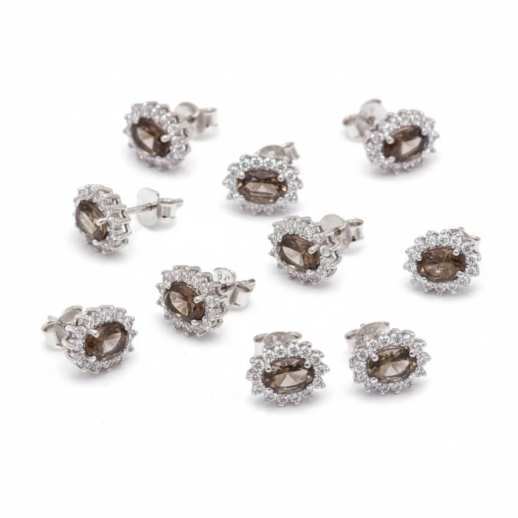 Natural Smoky Topaz Earrings Set — Lot of 5 Pairs, 925 Sterling Silver