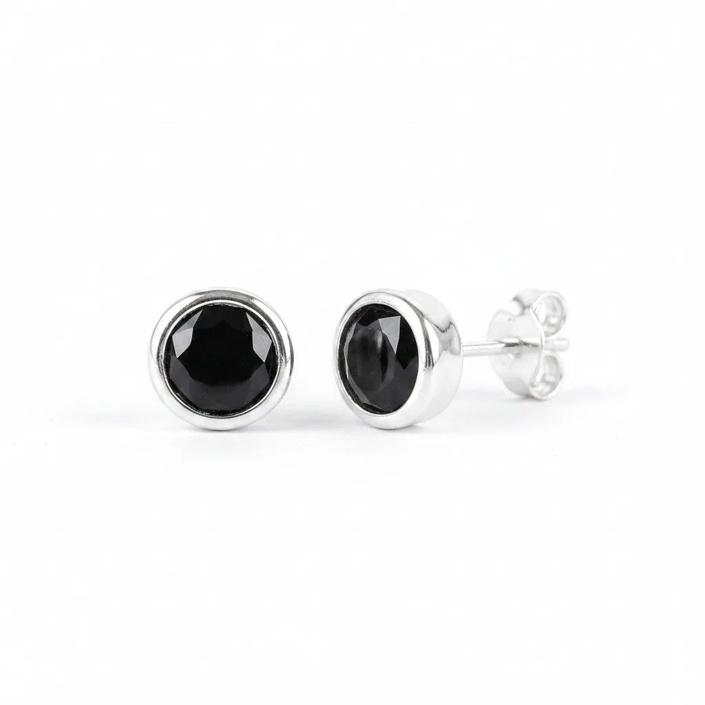 10 Ct Natural Black Agate Round Cut Earrings — 925 Sterling Silver
