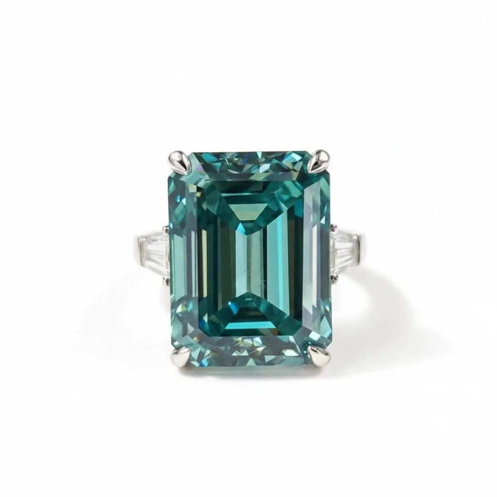 5.85 ct DEW Emerald Cut Blue Moissanite Ring with GRA Certificate 18K Gold Plated Vermeil