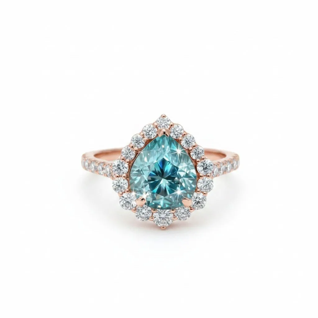 4.7ct DEW Blue Moissanite Pear Solitaire Ring