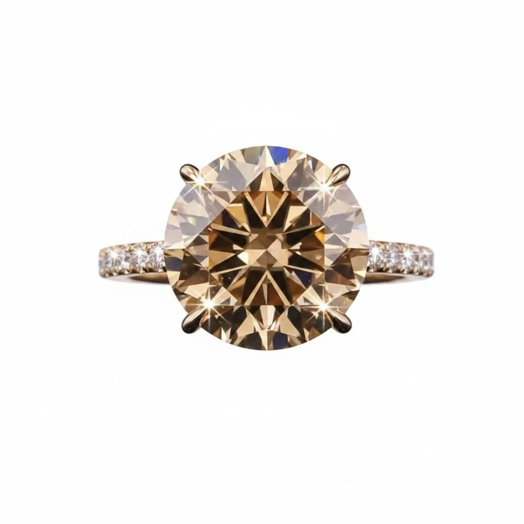 Certified 10.50 ct DEW Round Cut Champagne Moissanite Ring Gold Vermeil Jewelry