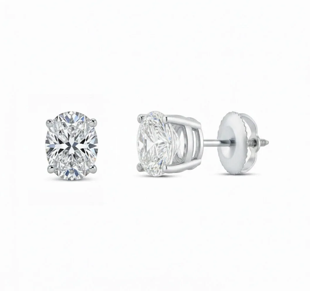IGI F/VS 1 Ct Oval Lab Created Grown Diamond Earrings Real 14K White Gold Screw