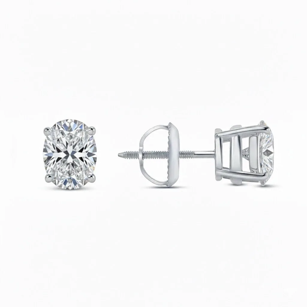 IGI F/VS 3 Ct Oval Lab Created Grown Diamond Earrings Real 14K White Gold Screw