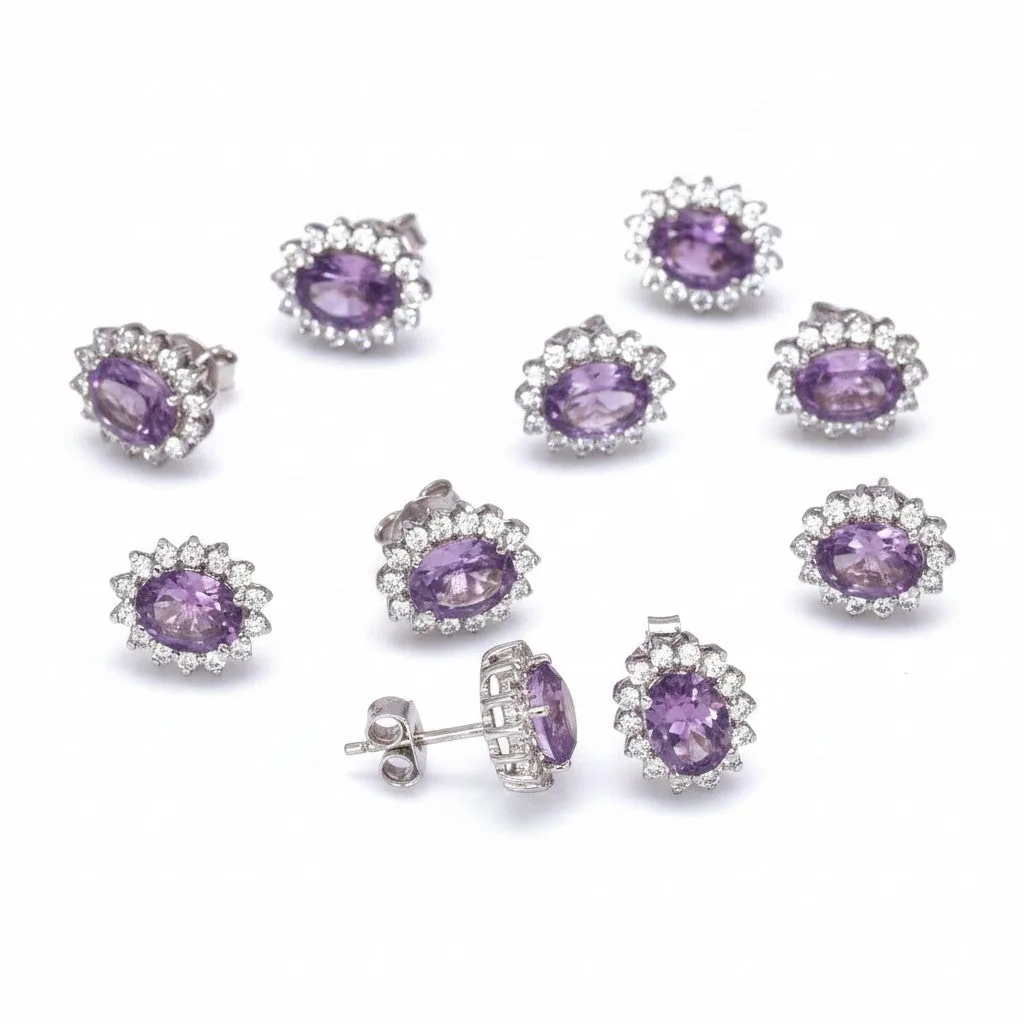 Genuine Purple Amethyst Stud Earrings Set 5 Pairs | 925 Sterling Silver | Gift for Her