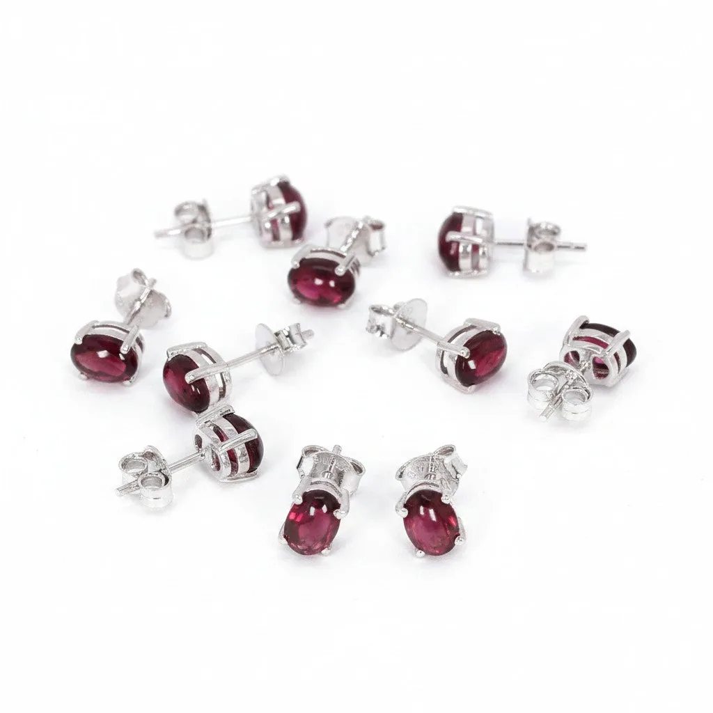 Natural Garnet Stud Earrings 5 Pairs Set | 925 Sterling Silver | Gift for Women