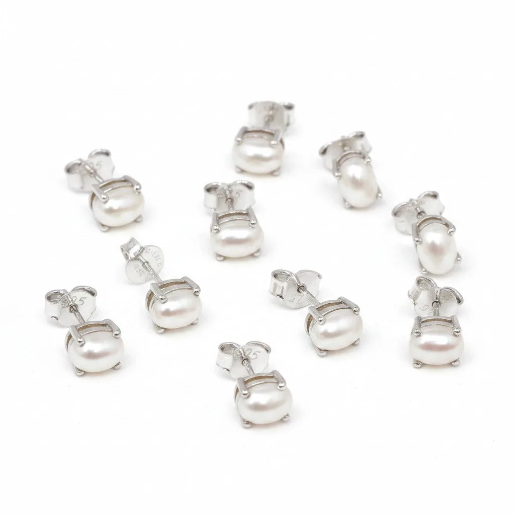 Natural White Pearl Earrings Set — Lot of 5 Pairs, 925 Sterling Silver
