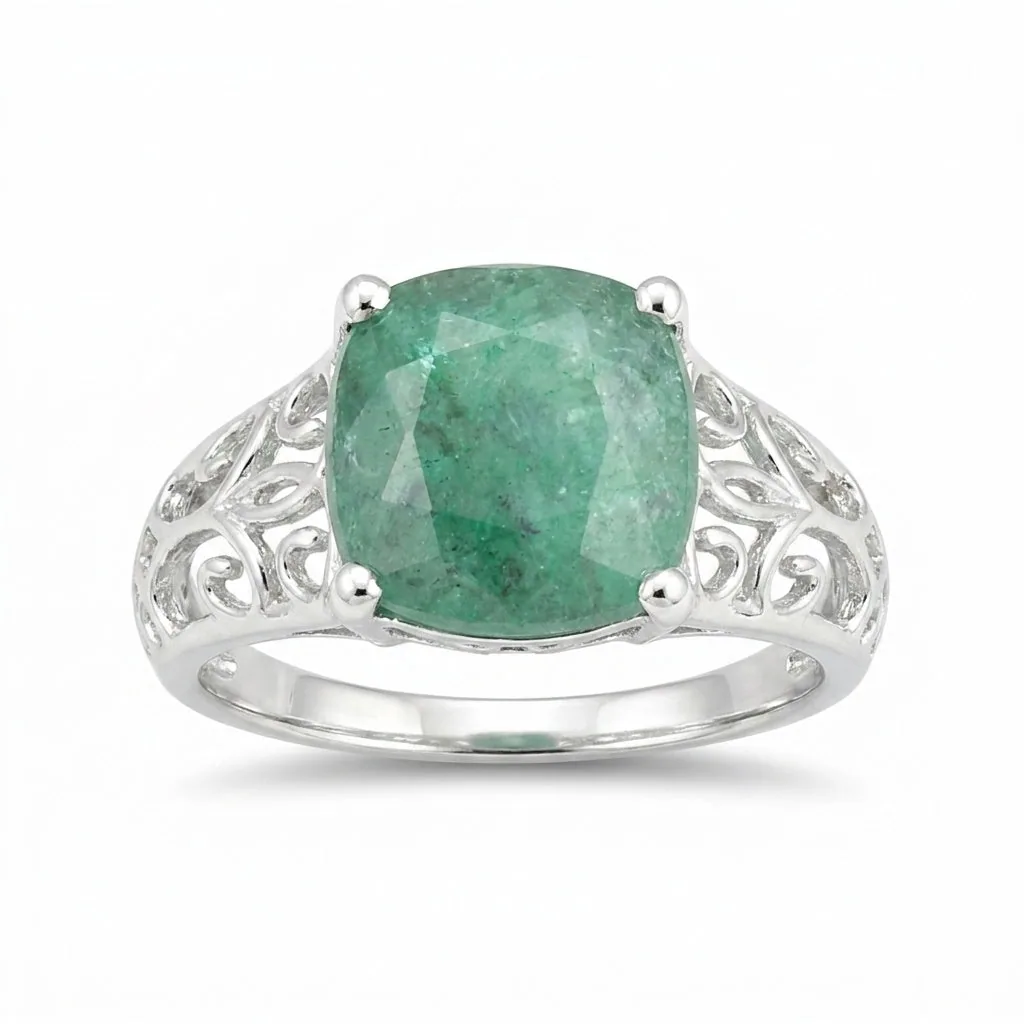 Green Emerald Solitaire Ring 4.70 Ct. Cushion Cut 925 Sterling Silver Stackable