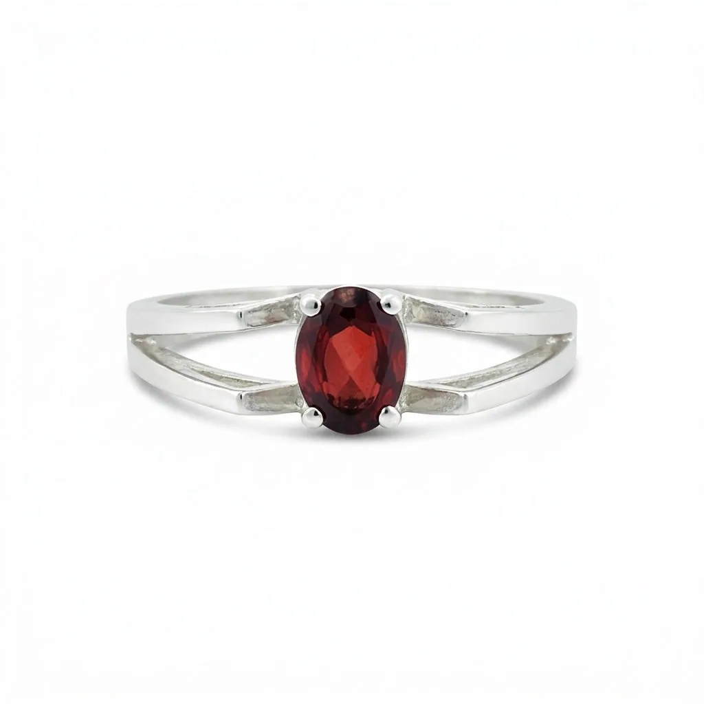 Red Garnet Solitaire Ring 3.73 Ct. Oval Cut 925 Sterling Silver Stackable Band