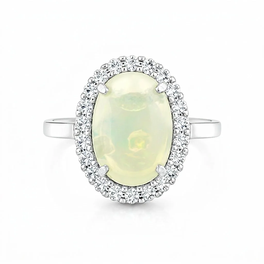 Oval Cabochon Cut White Fire Opal 3.65 Ct Ring in 925 Sterling Silver for Women
