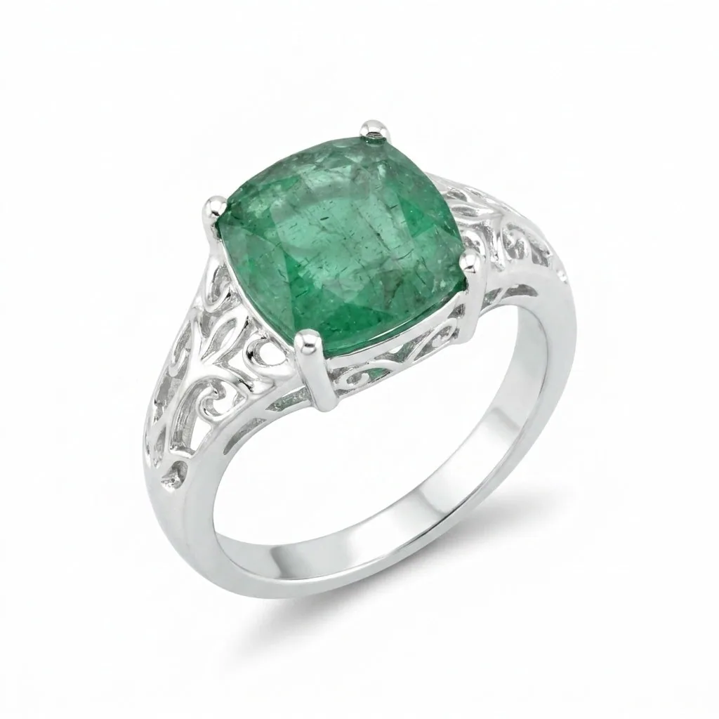 Designer Green Emerald Ring Cushion Cut in 925 Sterling Silver for Engagement