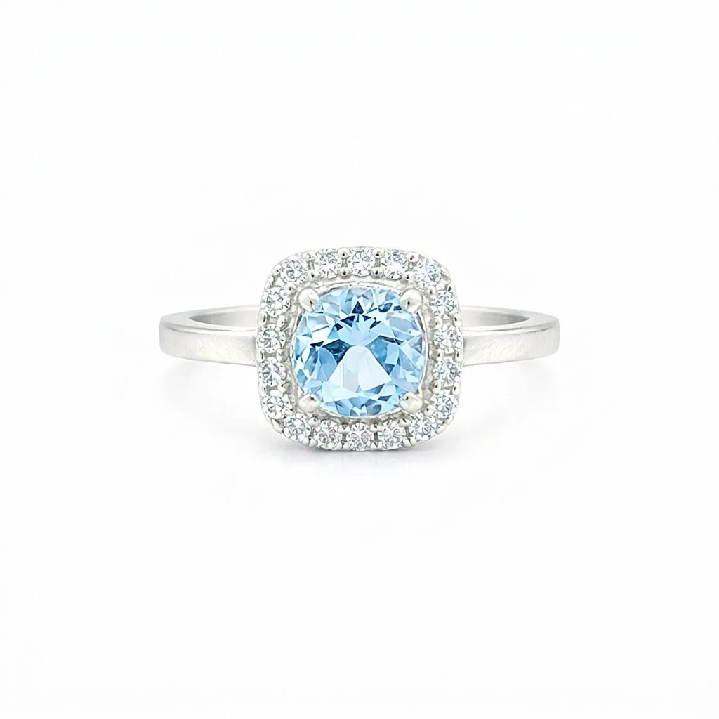 Round Blue Aquamarine Gift for Her Ring in 925 Sterling Silver Designer Look