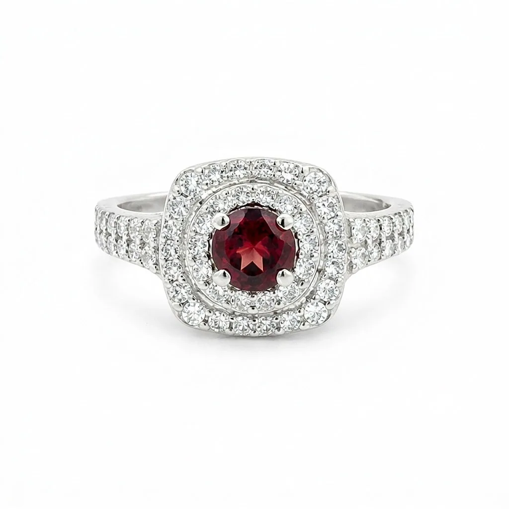 Anniversary Red Garnet Ring Round Cut in 925 Sterling Silver for Women