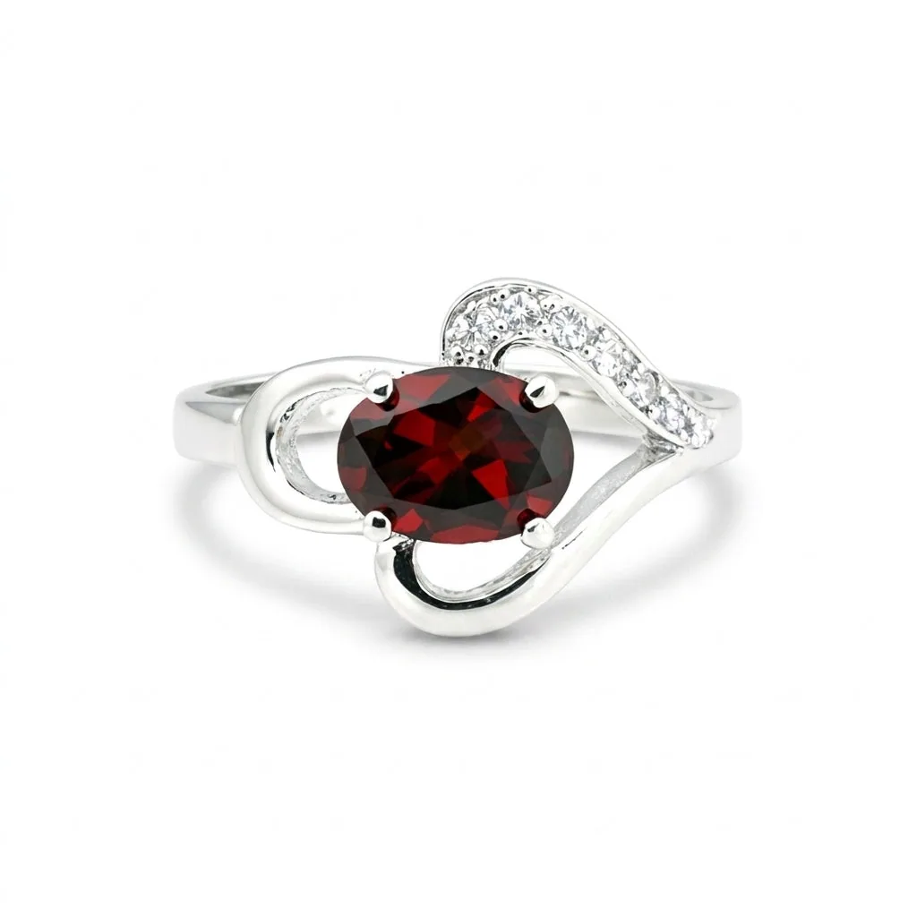 Red Garnet Oval Ring Set in 925 Sterling Silver for Her Statement Piece