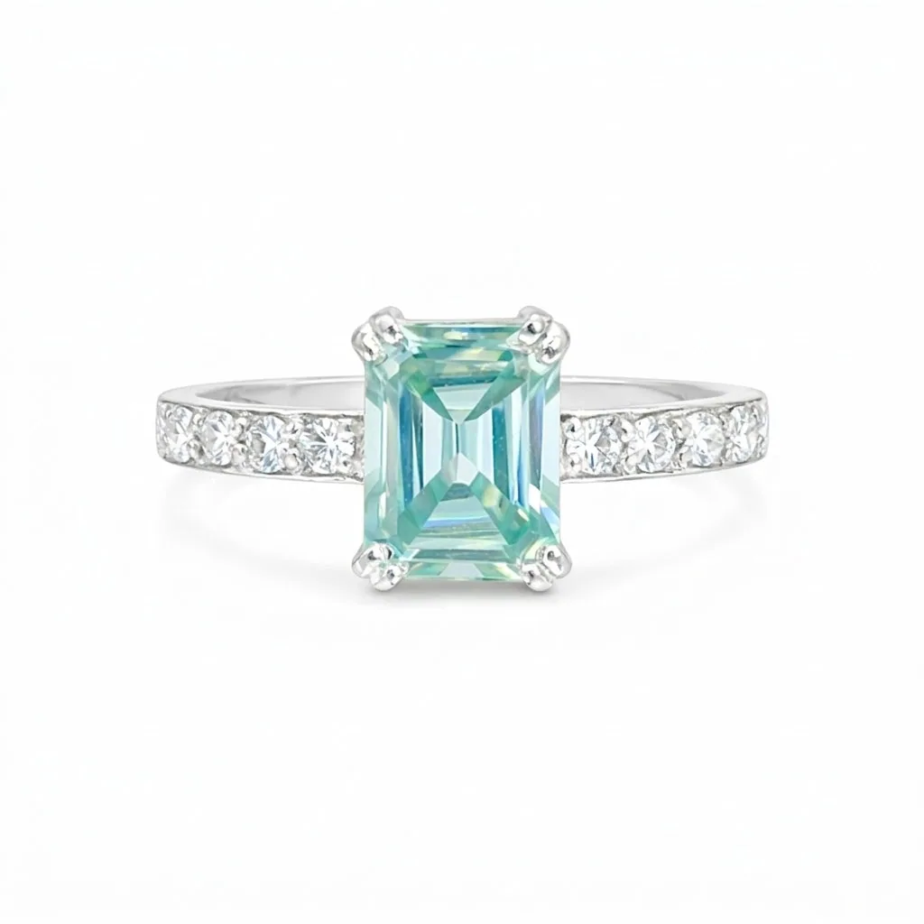 Everyday Wear Blue Aquamarine Emerald Ring in 925 Sterling Silver for Wedding