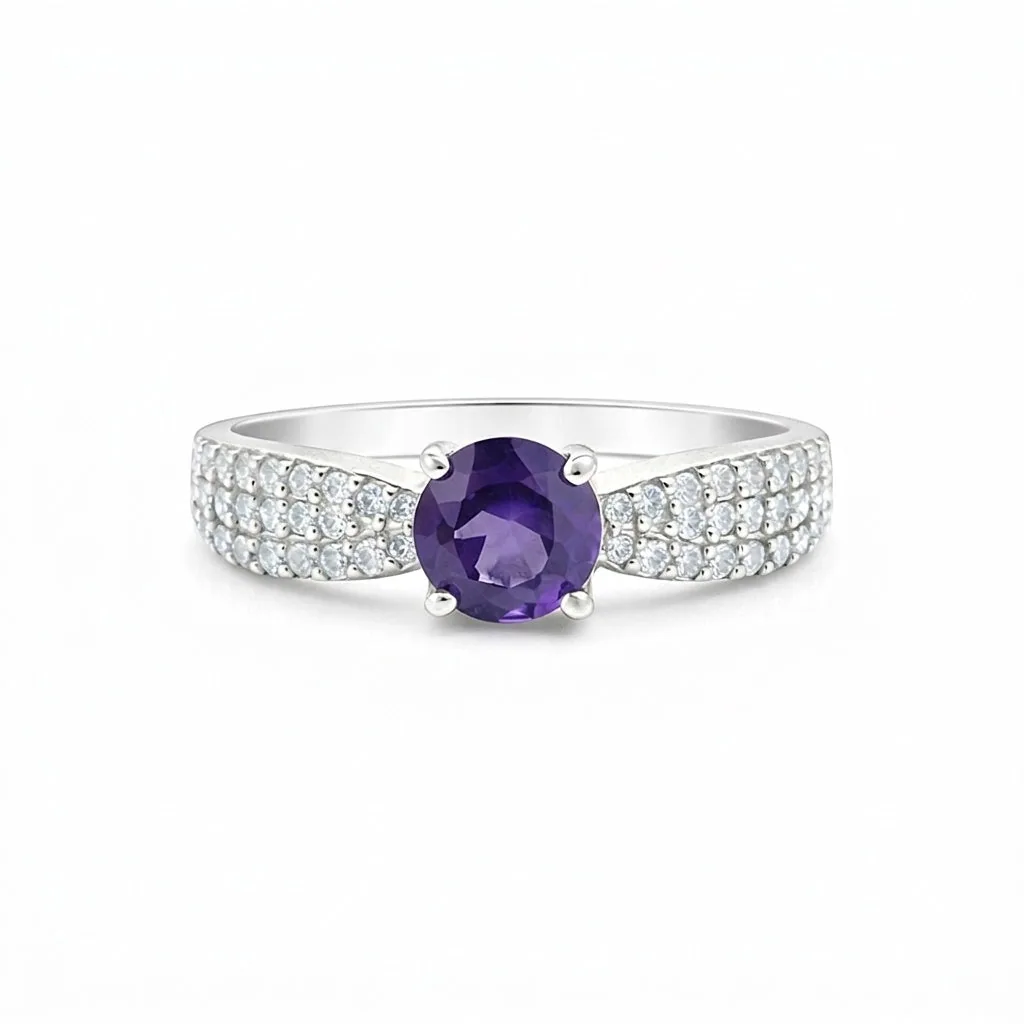 Statement Round Purple Amethyst Ring in 925 Sterling Silver for Women Boho Style
