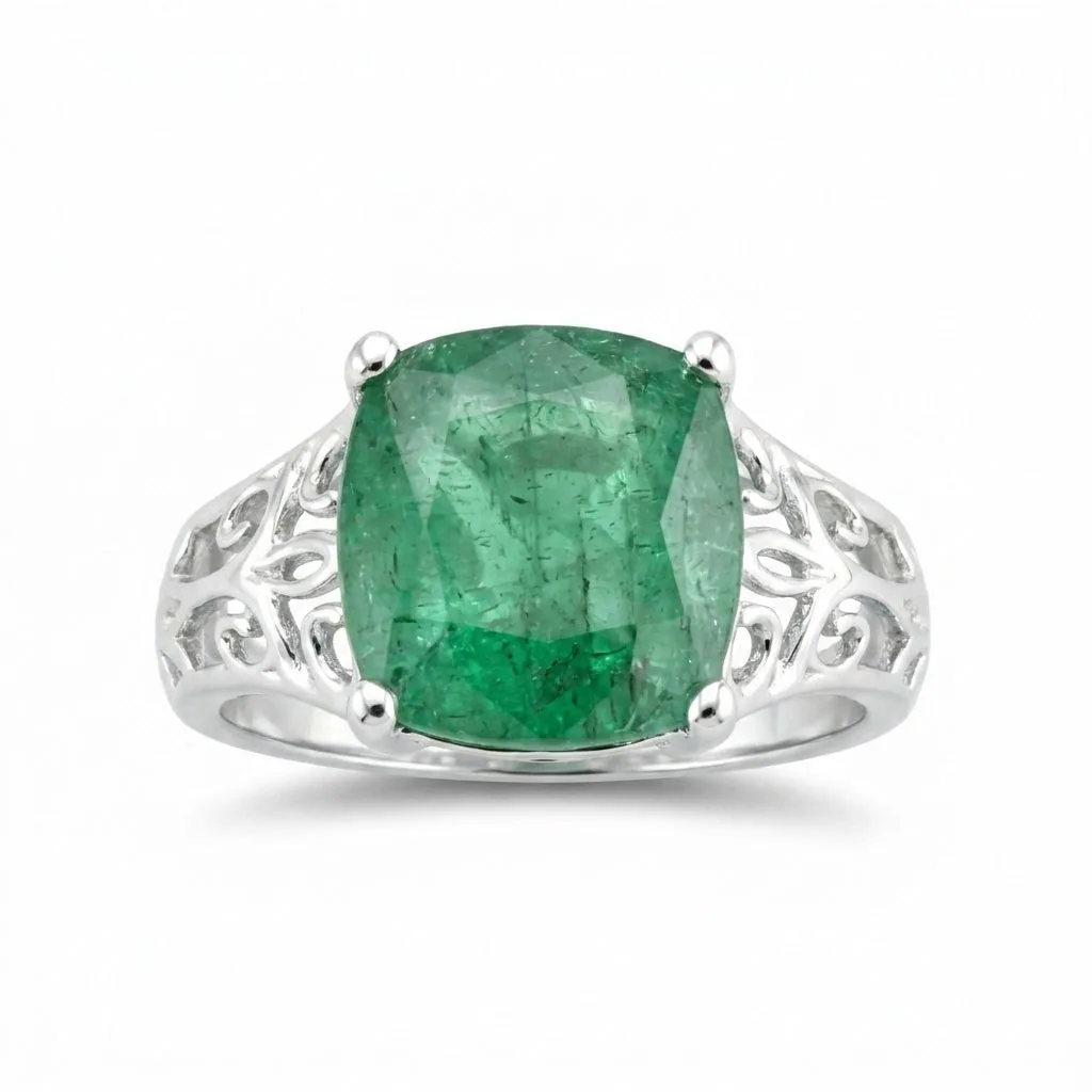 3.25 Ct Green Emerald Cushion Ring in 925 Sterling Silver for Wedding Boho Style