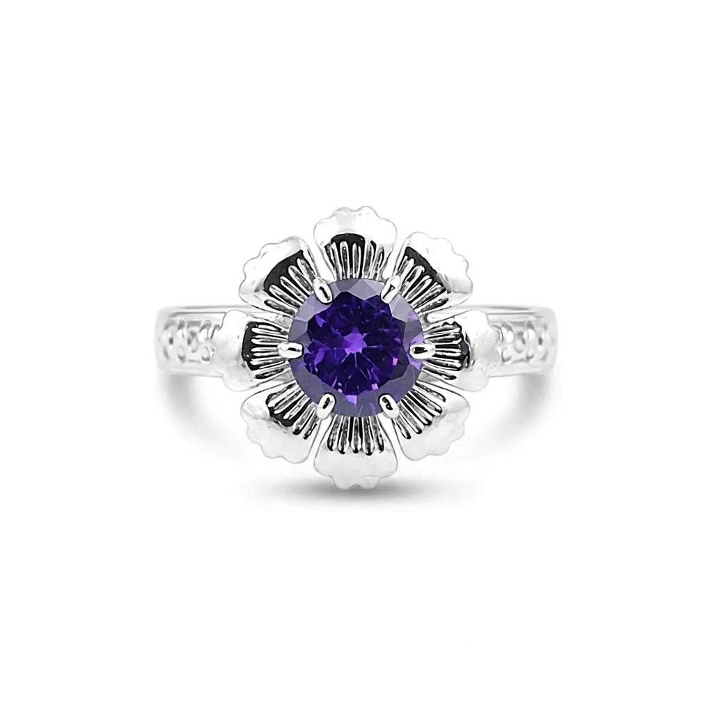 925 Sterling Silver Purple Amethyst Round Cut Ring for Women Solitaire Style