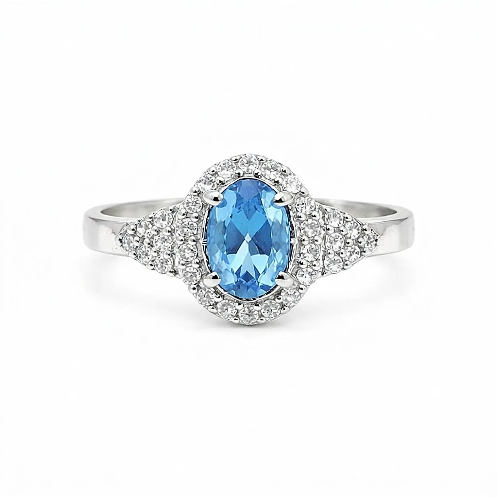 Oval Blue Aquamarine Gift for Her Ring in 925 Sterling Silver Vintage Style
