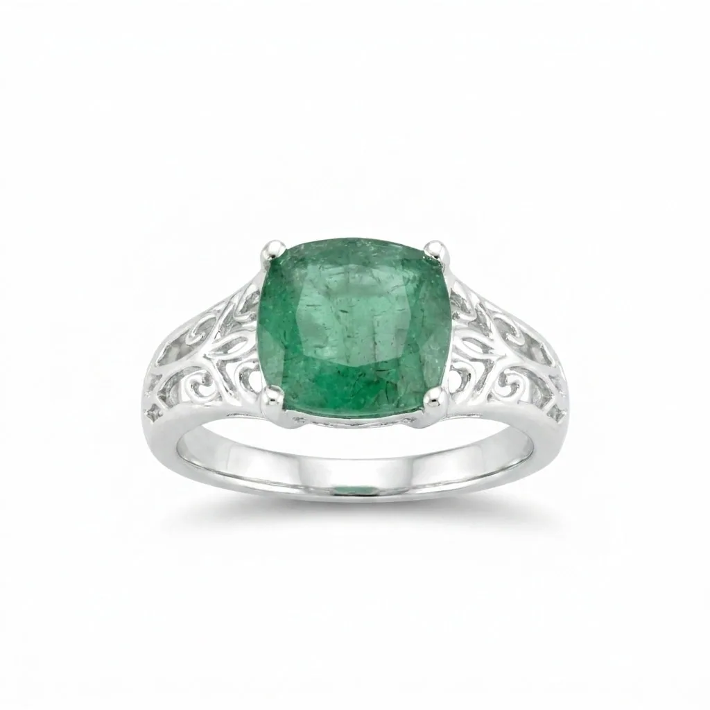 3.20 Ct. Emerald Cushion Cut Ring in 925 Sterling Silver