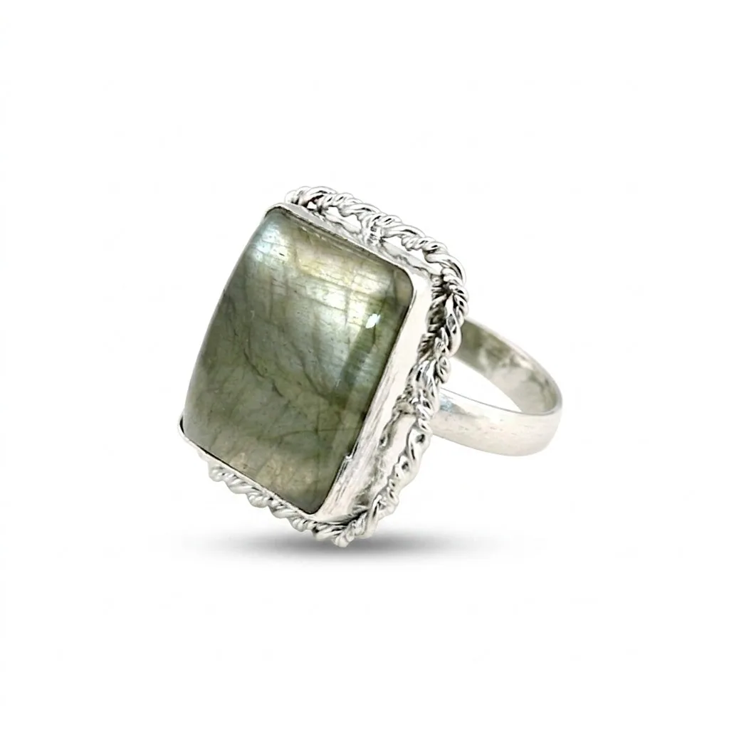 Multi-Color Labradorite Cushion Ring 9.00 Ct. 925 Sterling Silver Stackable Eter
