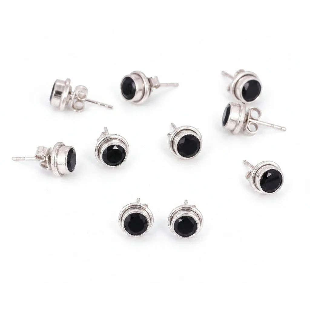 Natural Black Agate Earrings Set — Lot of 5 Pairs, 925 Sterling Silver