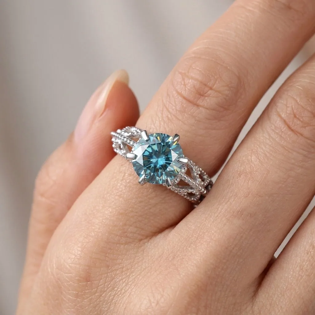 2.90 ct DEW Certified Round Cut Blue Moissanite Solitaire Ring Gold Vermeil - view 2