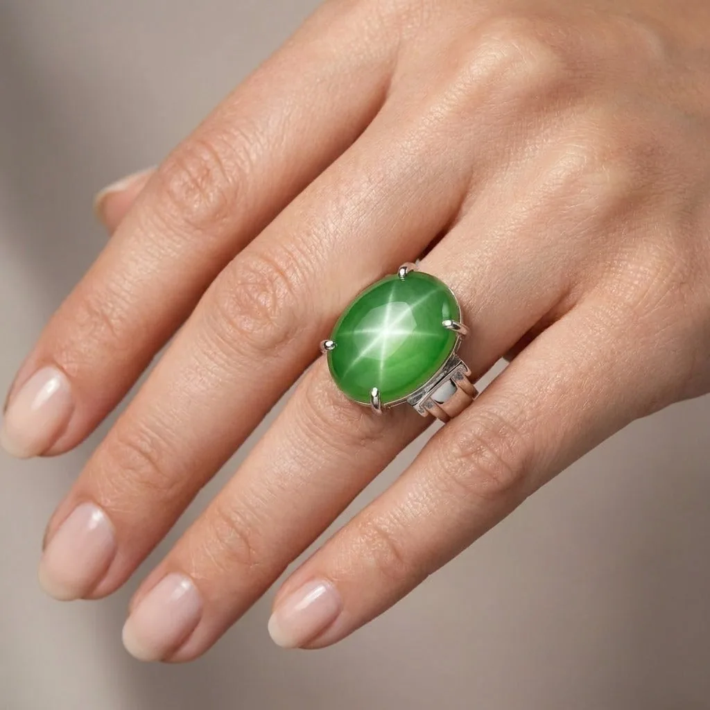 Green Sapphire Solitaire Ring 7.50 Ct. Oval Cabochon Cut 925 Sterling Silver Sta - view 2