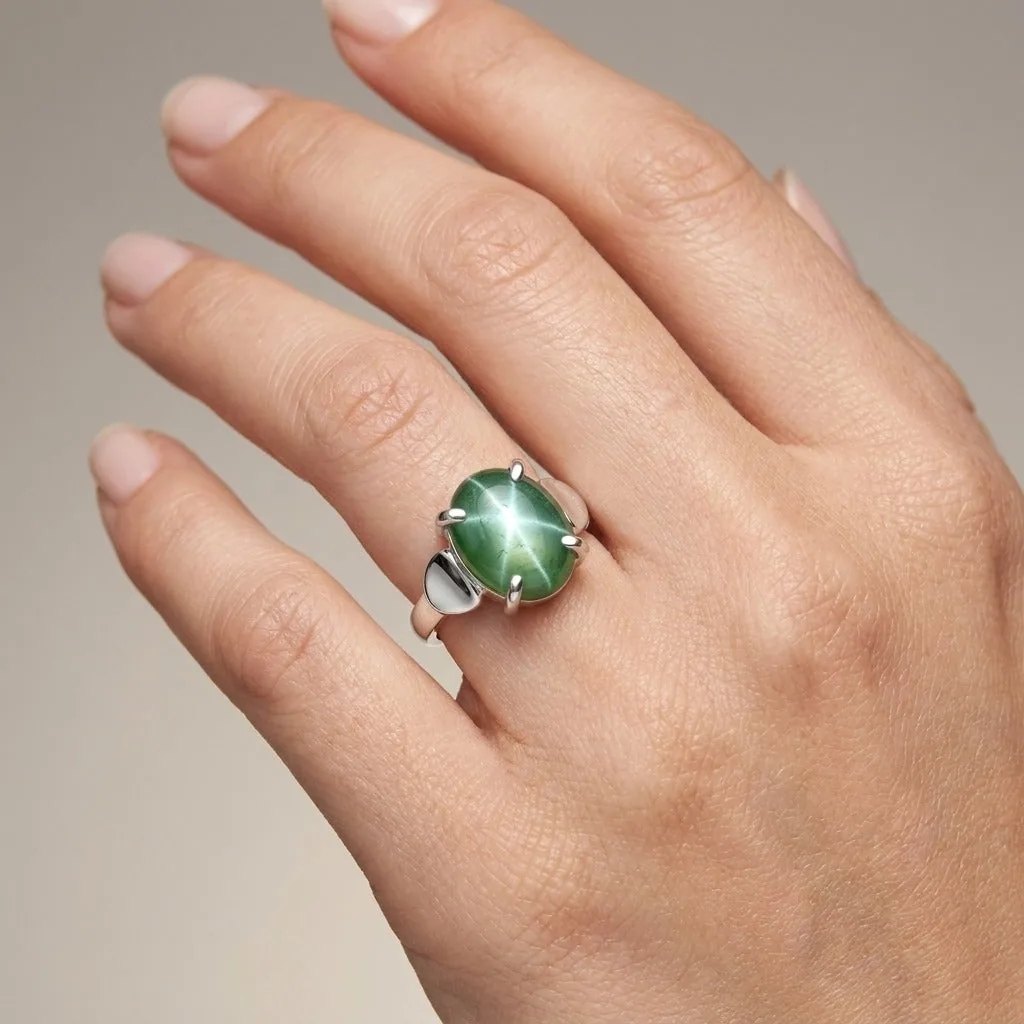 5.45 Ct. Green Sapphire Ring Oval Cabochon Cut 925 Sterling Silver Eternity Band - view 2