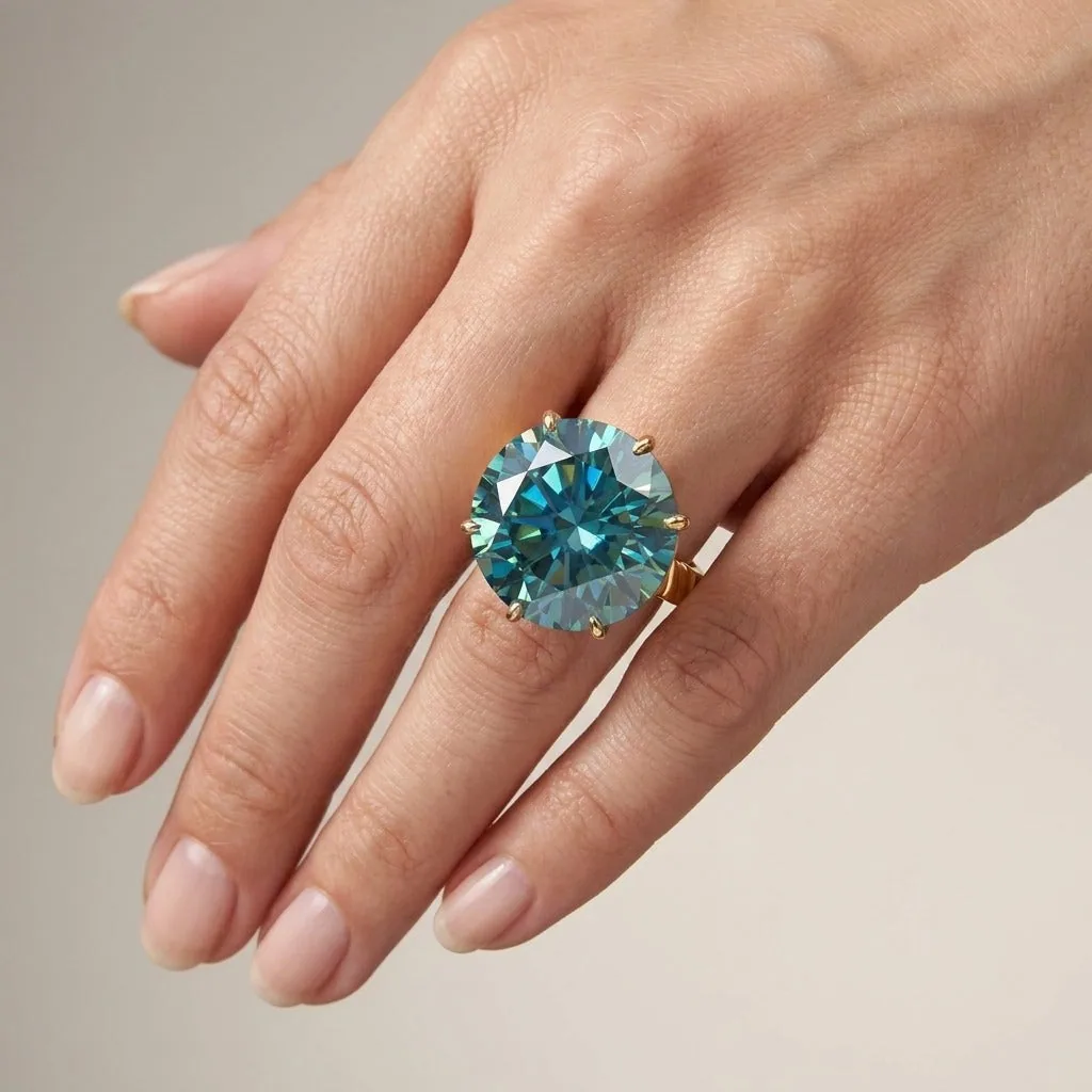 17.20ct DEW Blue Moissanite Round Statement Ring | 18K Gold Vermeil | GRA Certified - view 2