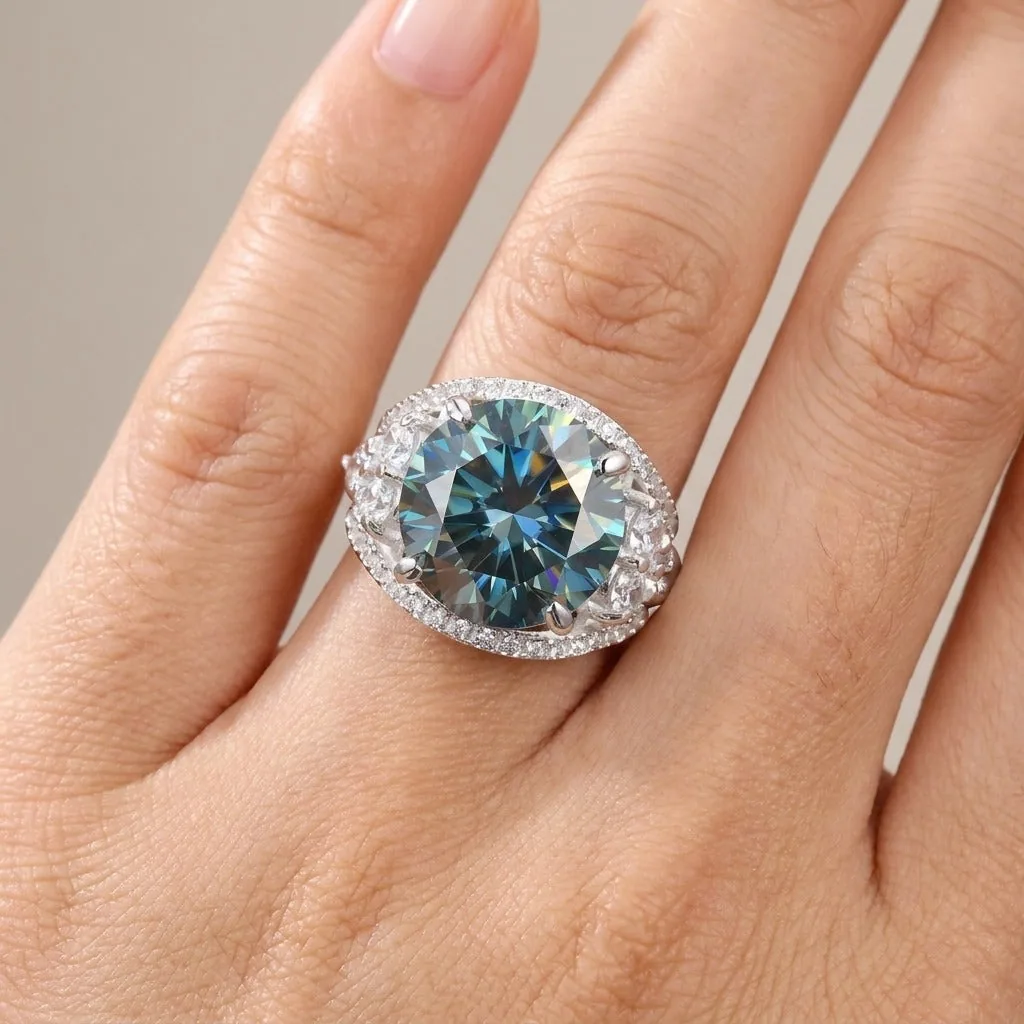 16.10 ct DEW Certified Treated Blue Moissanite Solitaire Ring In Gold Vermeil - view 2