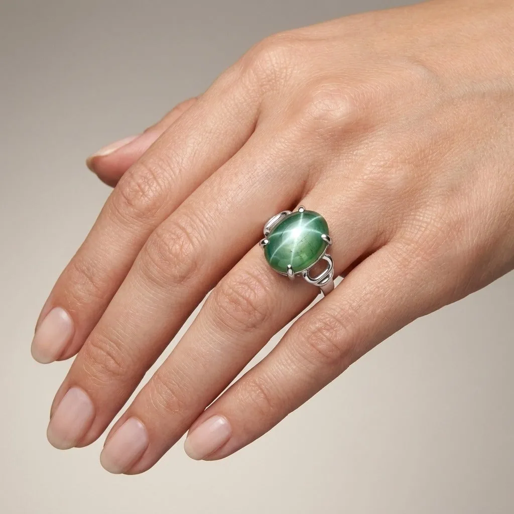 Green Sapphire Oval Cabochon Cut Solitaire Ring 3.50 Ct. 925 Sterling Silver Gif - view 2