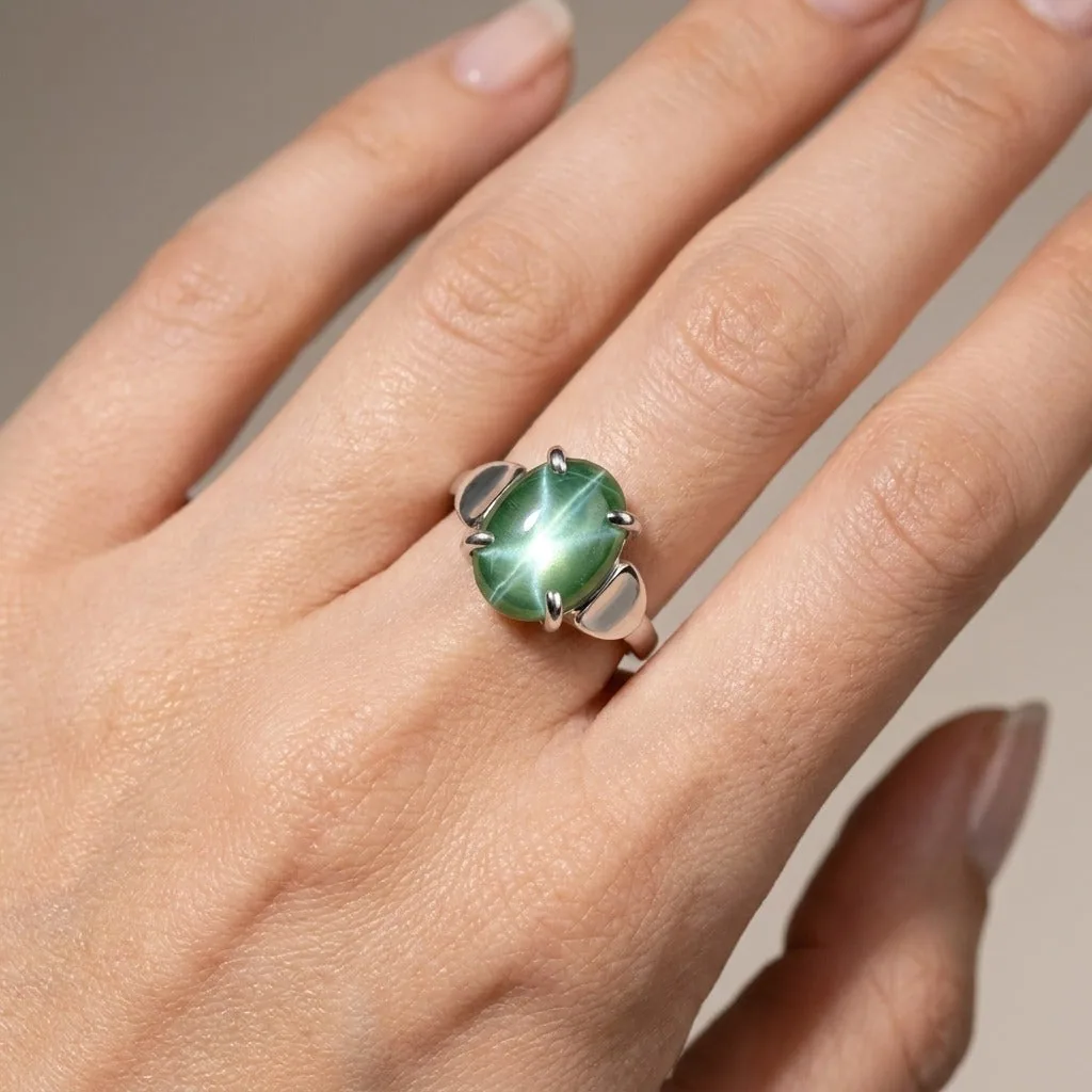 Green Sapphire Oval Cabochon Ring 7.50 Ct. 925 Sterling Silver Stackable Eternit - view 2