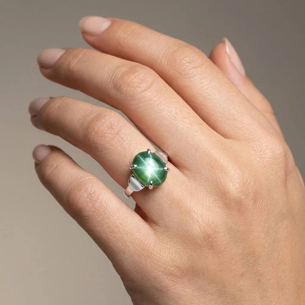 Green Sapphire Solitaire Ring 5.50 Ct. Oval Cabochon Cut 925 Sterling Silver Sta - view 2