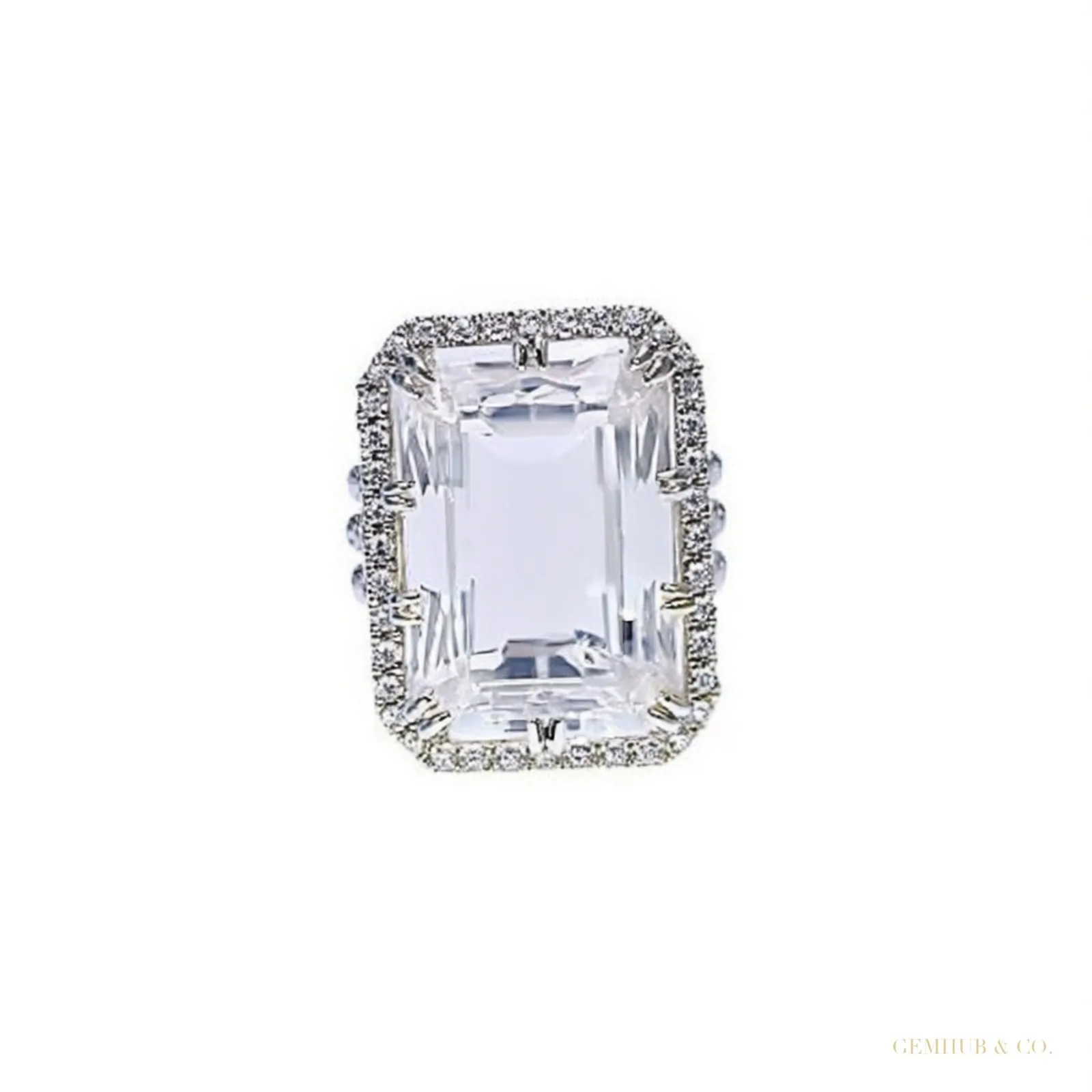 22.60 ct DEW Emerald Cut Off White Treated Moissanite Ring in 18K Gold Plated