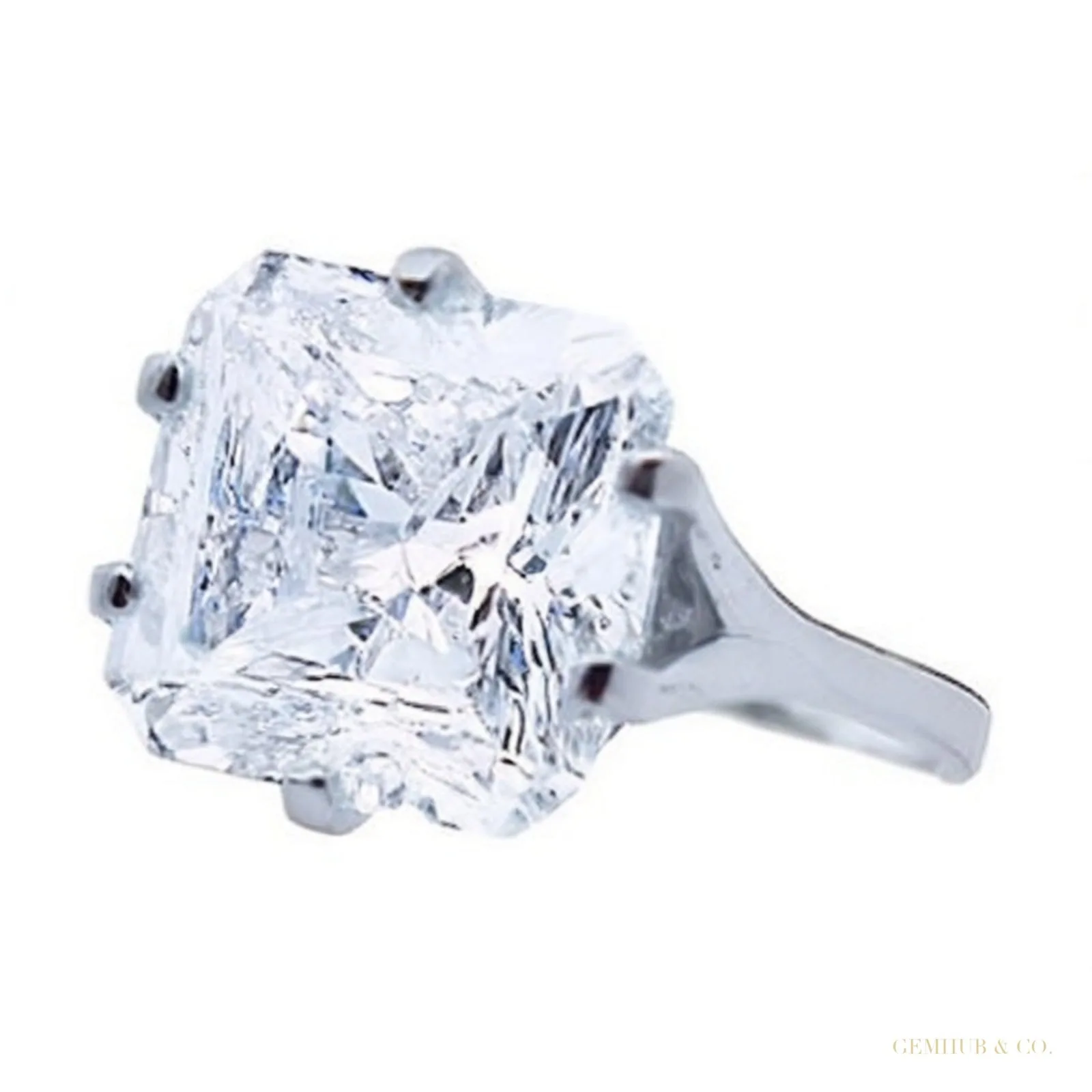 24.30 ct DEW Radiant Cut Off White Treated Moissanite Ring in Cert 18K Gold Plated