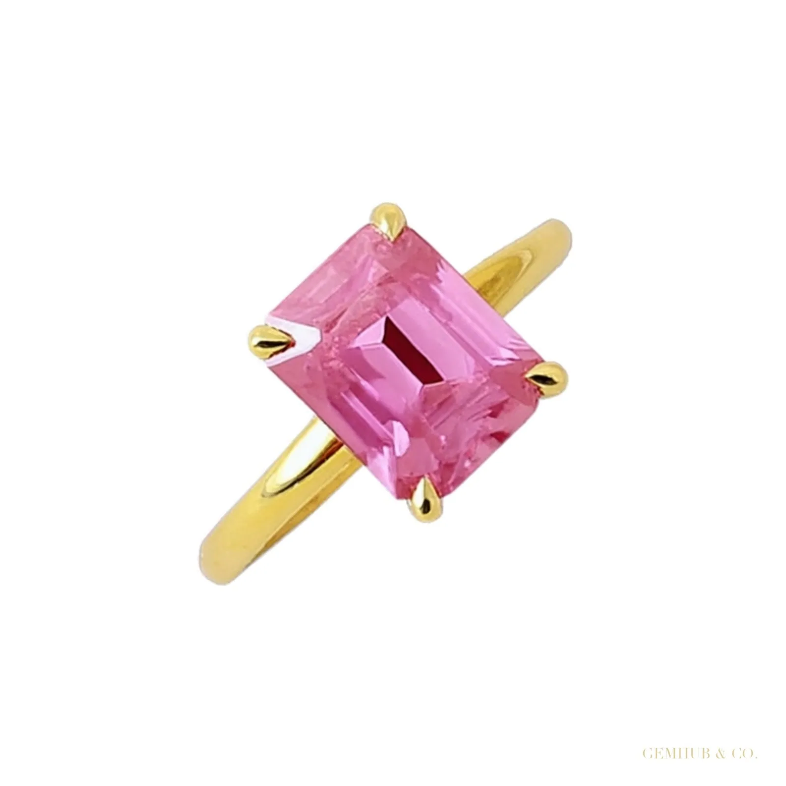3.45 ct DEW Emerald Cut Pink Moissanite Solitaire Ring in Certified 18K Gold Plated