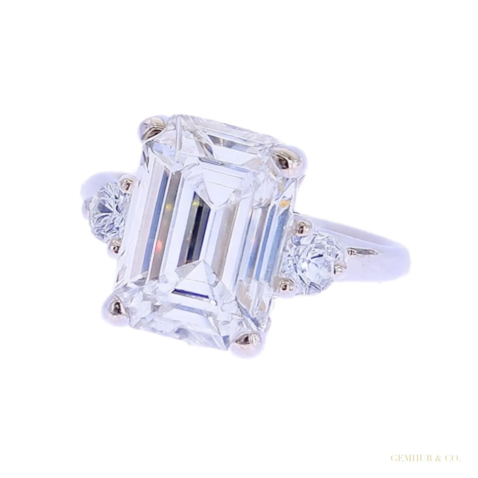 5.50 ct DEW Emerald Cut Off White Treated Moissanite Ring in Cert 18K Gold Plated