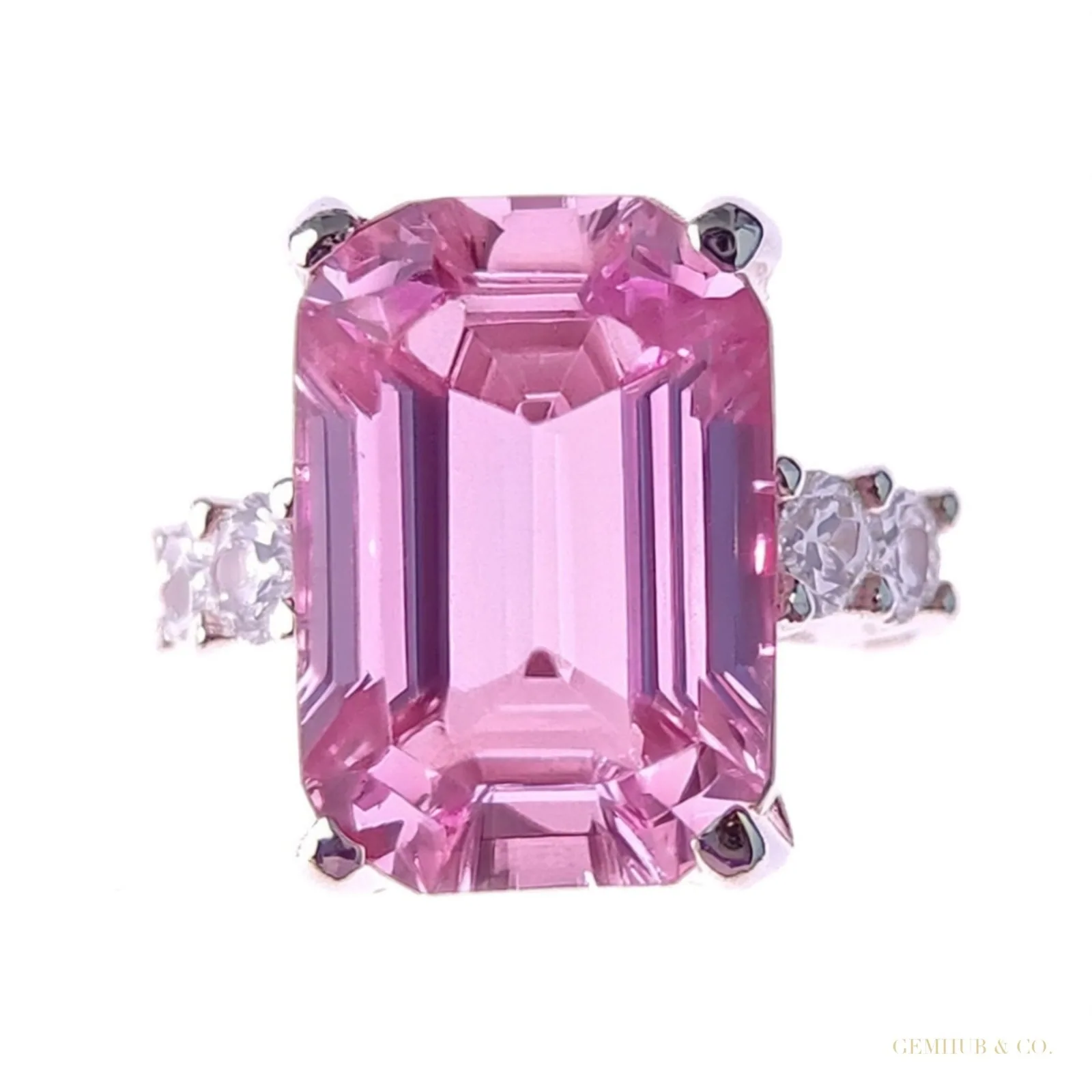 5.60 ct DEW Emerald Cut Pink Treated Moissanite Solitaire Ring in 18K Gold Plated