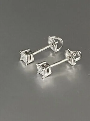 Screw Back Princess Shape Natural Diamond Stud Earrings 4-Prong 14k White Gold - view 5