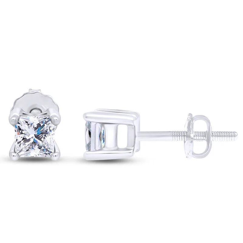 Screw Back Princess Shape Natural Diamond Stud Earrings 4-Prong 14k White Gold - view 9