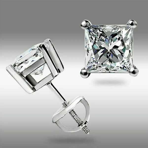 Screw Back Princess Shape Natural Diamond Stud Earrings 4-Prong 14k White Gold - view 2