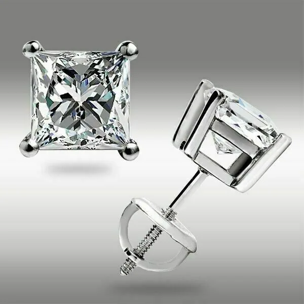Screw Back Princess Shape Natural Diamond Stud Earrings 4-Prong 14k White Gold - view 4