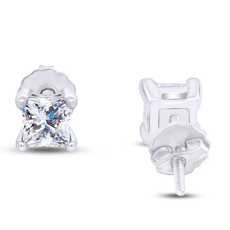 Screw Back Princess Shape Natural Diamond Stud Earrings 4-Prong 14k White Gold - view 8
