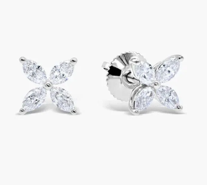 Marquise Cut Natural GH/SI Diamond Flower Stud 4-Stone Earrings 14k White Gold