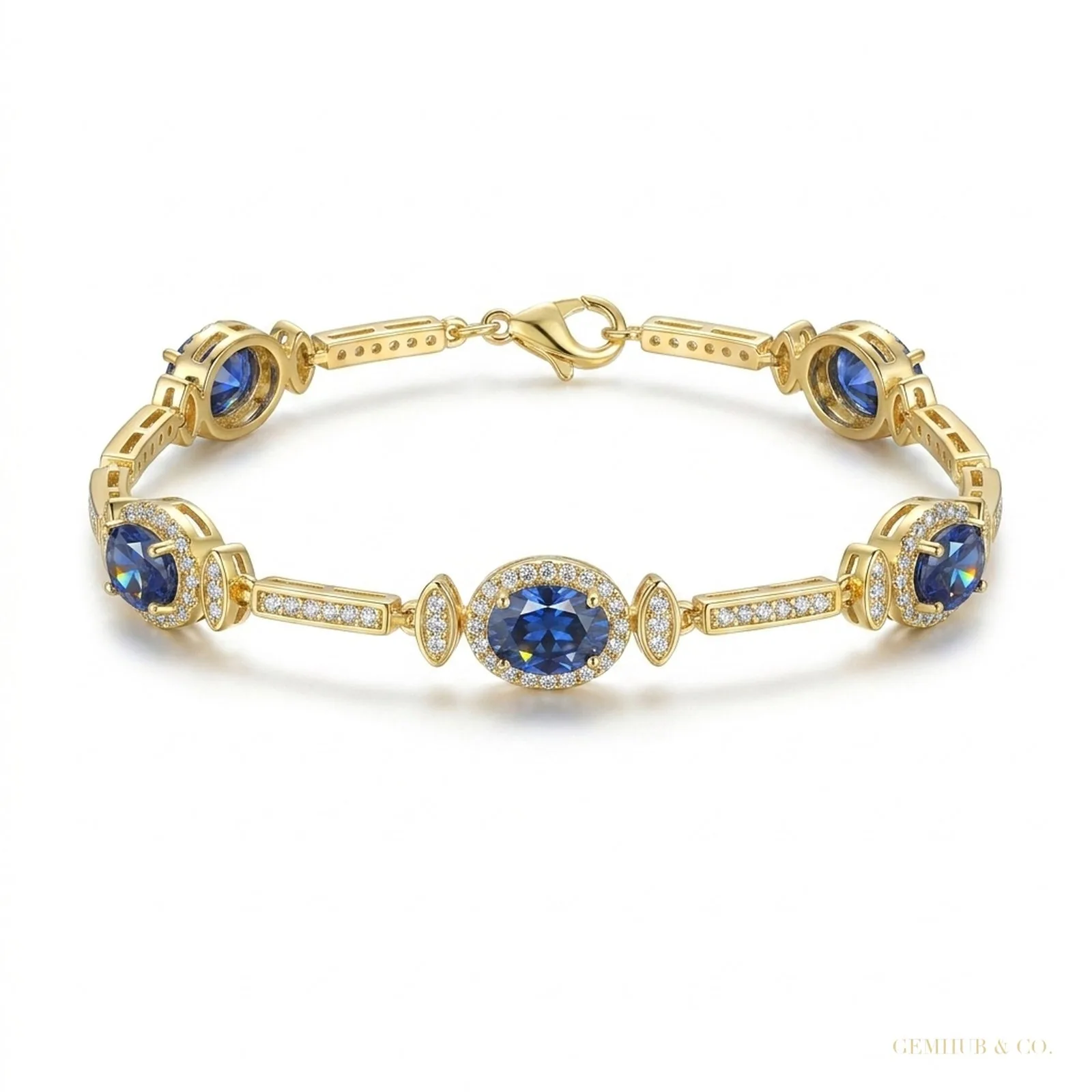 Certified Oval Cut Natural Sapphire & Diamond Chain Tennis Bracelet 14k Gold
