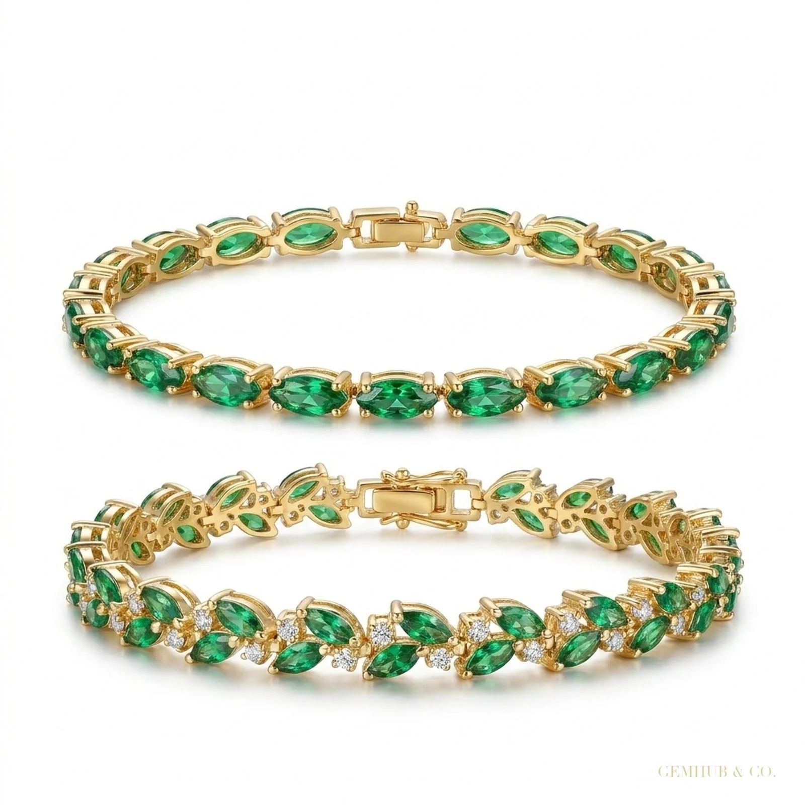 Marquise Cut Natural Emerald & Diamond Flower Tennis Bracelet 14k Yellow Gold